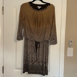 London Times Tan and Brown Chevron Long Sleeve Dress